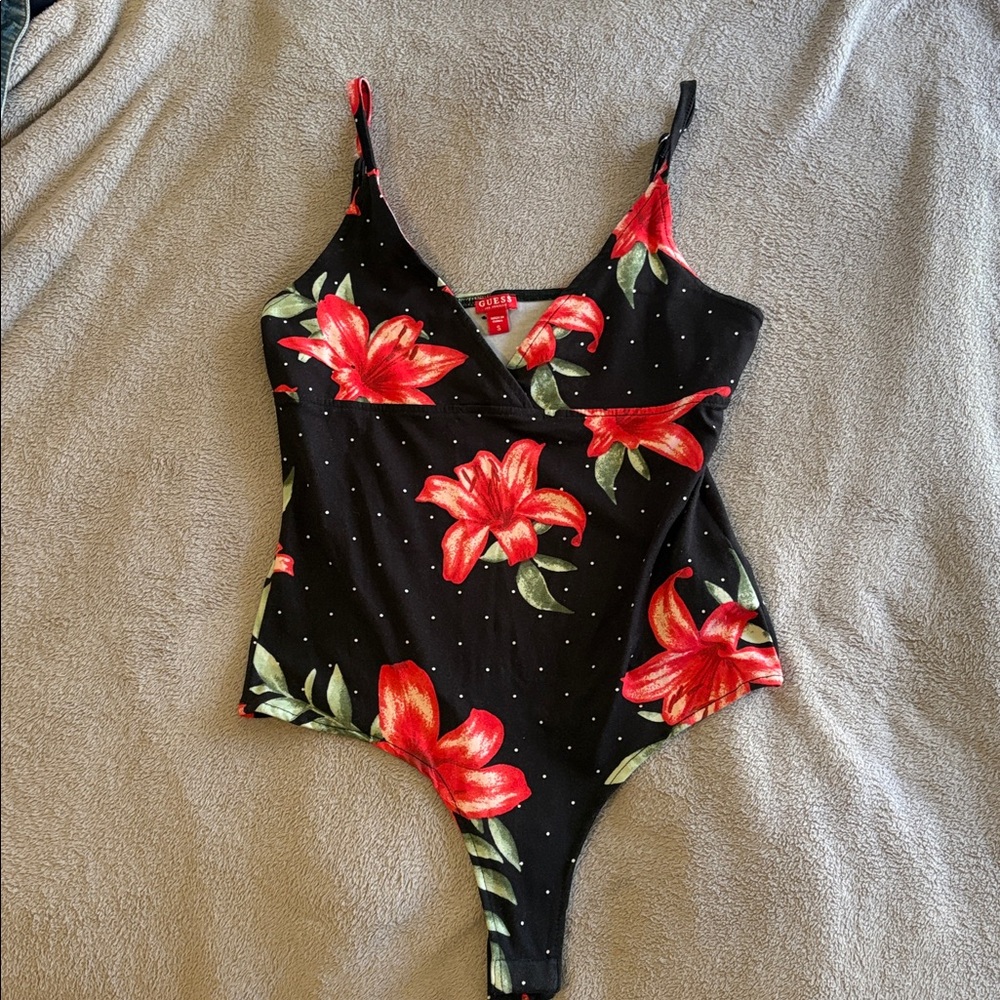 Guess Black and Red Floral Bodysuit